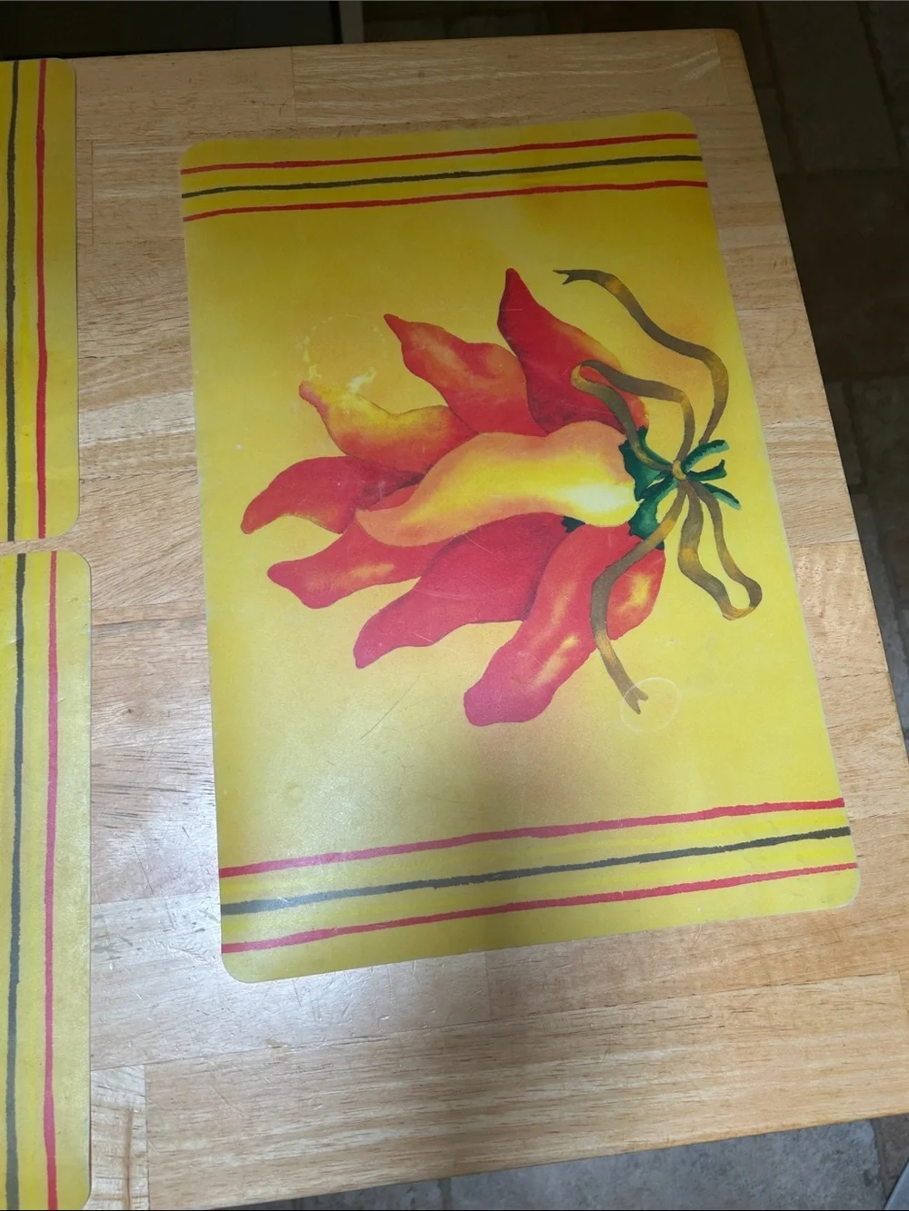 Bright Yellow Floral Plastic Wipe Off Placemat Set - Red & Green Chili 🌶️Accents